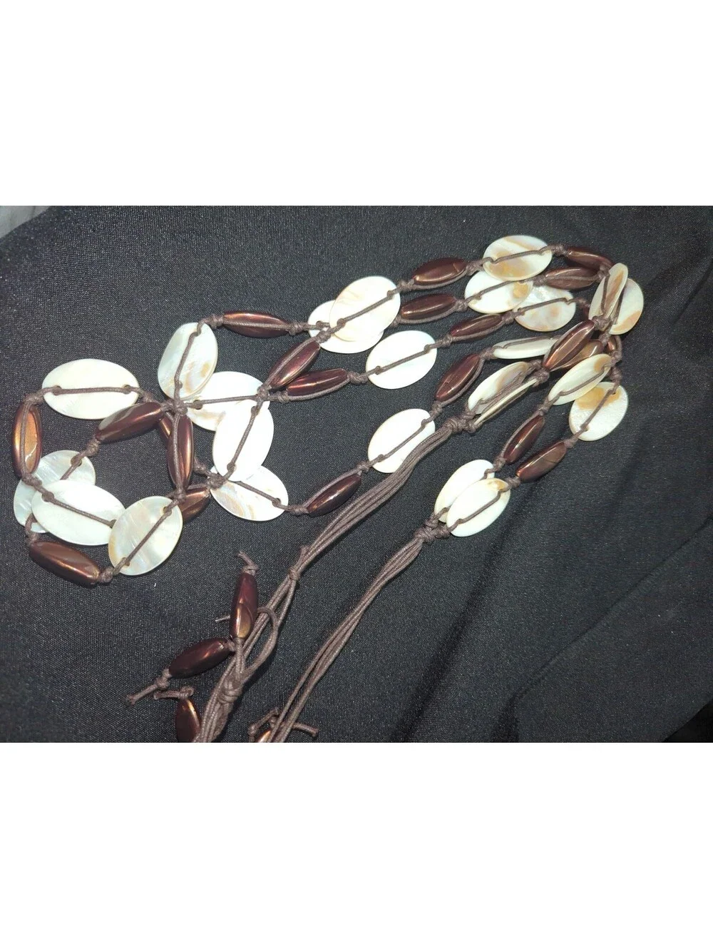 Handcrafted Brown and White Shell Beaded Belt with Adjustable Cord